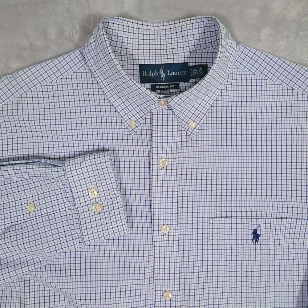 Polo Ralph Lauren Mens 16.5 34/35 Classic Fit Checkered Button Down Shirt Blue